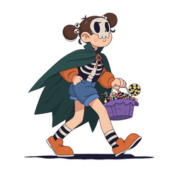 Cartoon Girl in Skeleton Outfit Halloween isolated character child