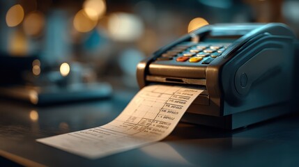 A close-up of a receipt printer with a printed receipt emerging, set against a softly lit background, emphasizing technology in a retail environment.