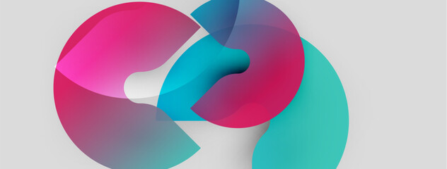 Abstract shapes overlap, creating vibrant color blends. Pink, blue, turquoise hues dominate composition. Minimalist design, modern aesthetic.