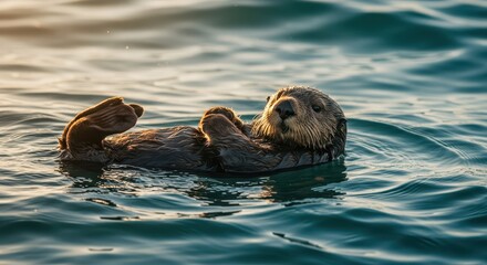 A serene sea otter floats effortlessly on the water's surface, its fur glistening under the soft golden light of the setting sun.