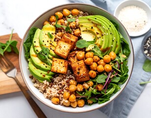 Healthy bowl with quinoa, chickpeas, tofu, and avocado