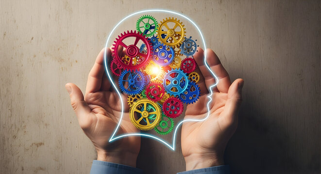 Hands holding colorful gears within a glowing head silhouette, symbolizing innovation and cognitive processes - Powered by Adobe