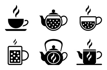 Collection of Black and White Icons Representing Tea and Coffee Drinks