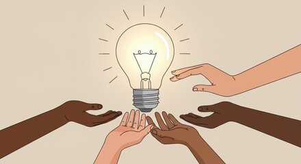 Glowing Lightbulb Surrounded by Diverse Hands Reaching Upward