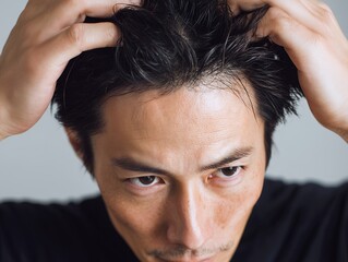 Obraz premium 薄毛や抜け毛を気にして頭皮を確認する日本人男性
