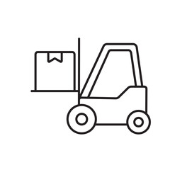 A vector icon of a forklift moving a package, representing warehouse operations and cargo movement, created in line style with editable stroke
