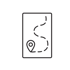 A vector icon of a digital map with a location pin and route, representing delivery path navigation, created in line style with editable stroke