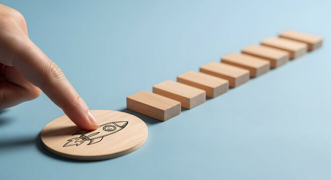 Finger points to rocket launch button, signaling a new business start or project ignition with ascending blocks