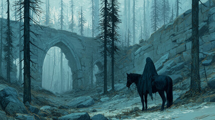 Dark rider and horse before ancient stone arch in desolate forest – fantasy art