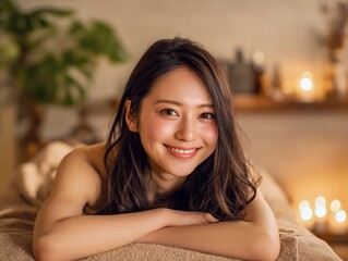エステサロンで笑顔を見せるリラックス中の日本人女性