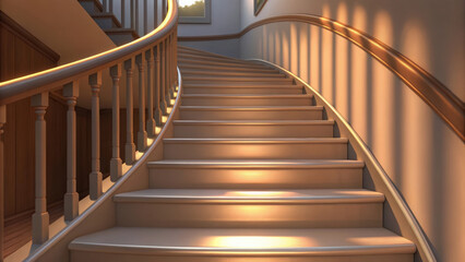 A minimalist wooden stairway with a metal railing ascends in a modern building