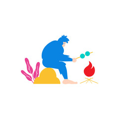 Big Foot.Blue character sitting by a campfire roasting food isolated on transparent background.