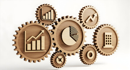 Wooden gears interlock, illustrating business growth, analytics, and corporate success seamlessly