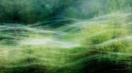 Abstract nature scene showing long exposure blur through green forest evoking a dreamy, calm feel.