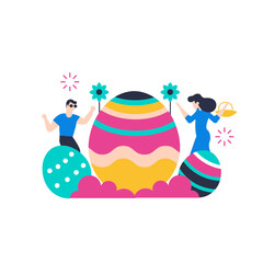 Obraz premium Easter.Happy people celebrating easter with colorful eggs and flowers isolated on transparent background.