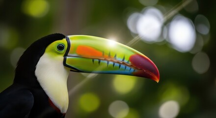 Naklejka premium Vivid Close-Up of a Rainbow-Billed Toucan with Bokeh Background and Sunlight