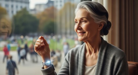 Smiling Senior Woman Interacting with Smartwatch, Futuristic Technology and City View