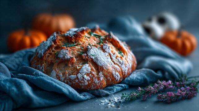 Rustic bread with pumpkins and Halloween decor