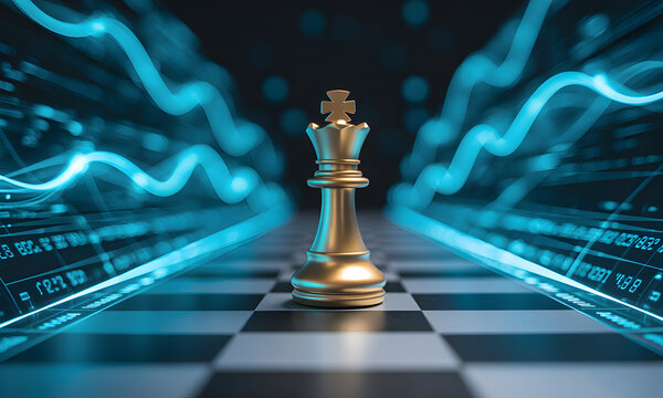 Golden chess king on board with dynamic digital data streams symbolizing strategy and financial growth