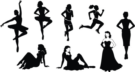 Women silhouettes vector, ballerina dancer, running girl, elegant fashion woman, vintage pin up pose, female artwork, stylish illustration