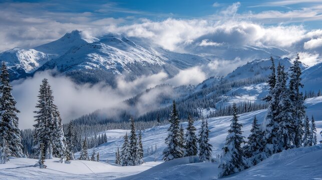 Majestic winter landscape of whistler, british columbia featuring snow and cloud covered canadian mountains from blackcomb peak, showcasing a serene alpine nature scene with icy slopes, frosted trees,