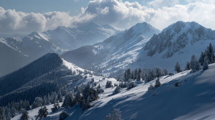 Obraz premium Snow covered mountains in winter landscape featuring majestic alpine peaks, frosted forests, and scenic white valleys under a clear cold sky, capturing the tranquil beauty of nature in a serene season
