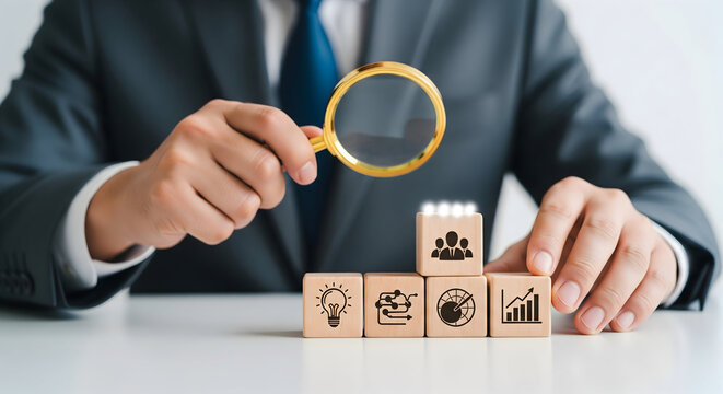 Businessman uses magnifying glass to analyze business growth strategy with data icons on wooden blocks.