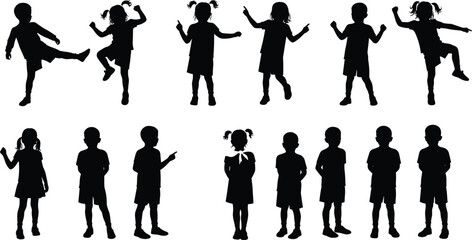 Kids silhouettes vector, children playing, dancing, jumping, standing, pointing poses, boy and girl illustration, childhood artwork, school kid design