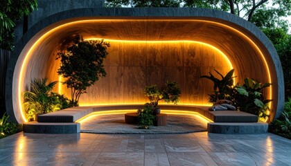 A modern outdoor seating area, illuminated by warm golden lights, nestled within a curved wooden structure, featuring lush greenery and comfortable seating.