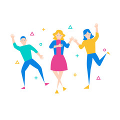 Success.Three happy people dancing and celebrating with confetti isolated on transparent background.