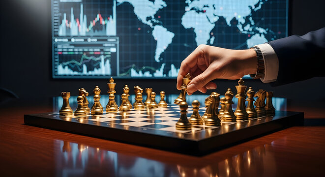 Strategic decision with golden chess pieces on board with world map and financial charts background - Powered by Adobe
