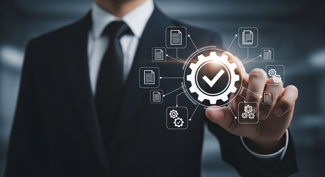 Professional businessman uses advanced technology for seamless workflow optimization and quality assurance processes