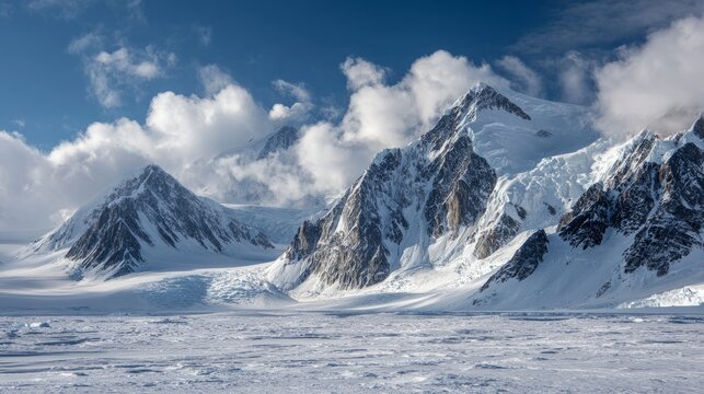 Stunning winter landscape of antarctica featuring snow-covered plains leading to the majestic sentinel range in the ellsworth mountains with clear blue sky and puffy clouds creating a dramatic polar h - Powered by Adobe