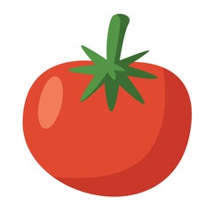 Red tomato with green stem and leaves. Suitable for recipe illustrations, diet graphics, or culinary visuals.