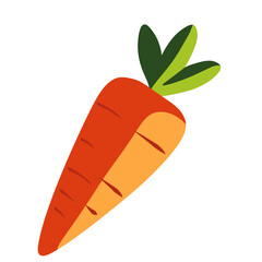 Orange carrot with green leaves in cartoon style. Suitable for healthy eating graphics, recipe designs, or nutrition visuals.