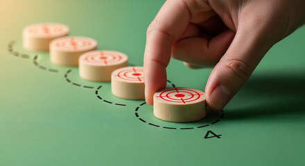 Strategic planning with hand placing target marker on business strategy roadmap for goal achievement