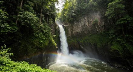 Obraz premium Majestic cascade in a vibrant rainforest with mist and sunlight creates a rainbow