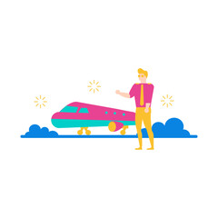 Pilot.Man standing next to a pink and teal airplane isolated on transparent background.