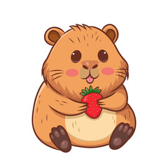 Cute cartoon capybara holding a strawberry