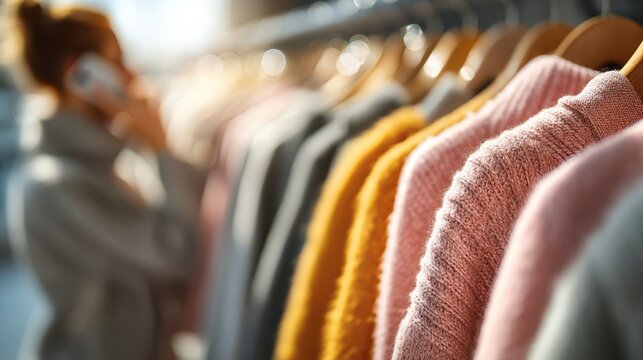 A blurred background showcases colorful sweaters hanging on a rack, while a person is engaged in a phone call, suggesting a shopping or retail environment. - Powered by Adobe
