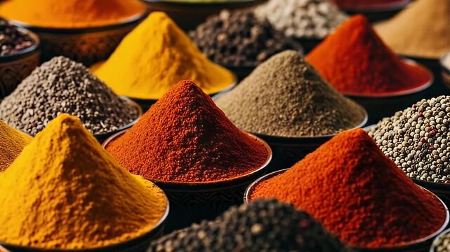 Close Up of Colorful Spices in Bowls with Dark Background and Soft Lighting Variety of Textures Powders and Grains Including Red Orange Yellow and Brown Hues