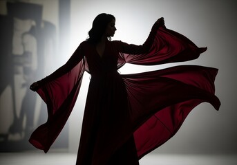 Naklejka premium Silhouette of Indian woman in flowing burgundy robe dancing under dramatic spotlight
