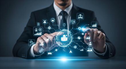 Professional businessman interacts with futuristic digital network, visualizing data flow and global connections.