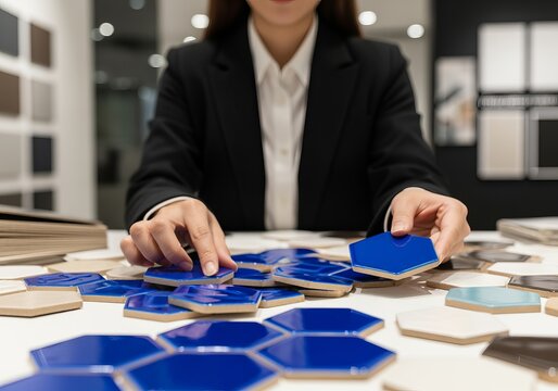 Closeup of asian female interior designer arranging blue tiles - Powered by Adobe