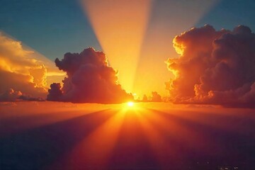 Fototapeta premium Golden sunbeam piercing through vibrant sunset clouds, casting long shadows A breathtaking scene of nature's beauty at the end of the day , golden, cloud, nature