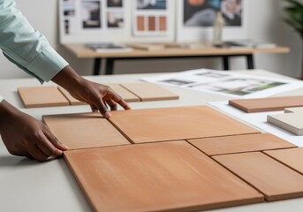 African interior designer arranging terracotta tiles in creative workspace