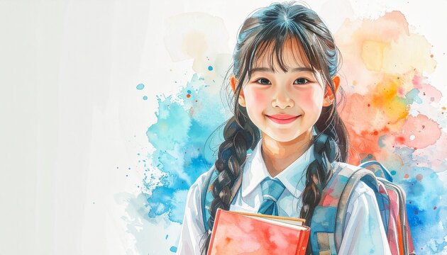 Watercolor school girl holding books with soft pastel colors, symbolizing learning and education.