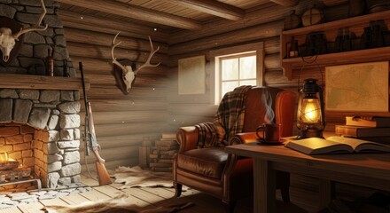 Cozy Rustic Retreat: A Hunter's Cabin Interior with Fireplace and Vintage Charm