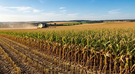 Obraz premium Agricultural Landscape with Harvesting Vehicle Amidst Golden Fields Under a Bright Blue Sky and Scattered Clouds