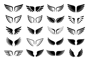 Collection of Diverse Black Wing Silhouettes on White Background
